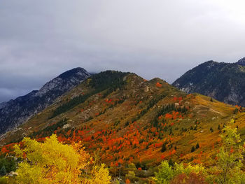 Scenic view of mountains against sky during autumn