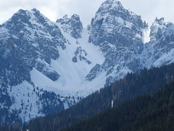 Snow covered land and mountains against sky