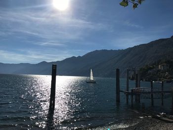 Scenic view of sea and mountains against sky