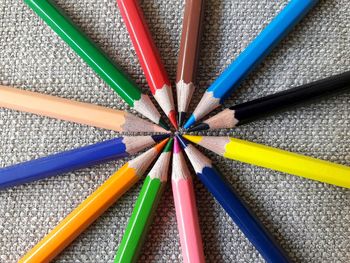 High angle view of multi colored pencils