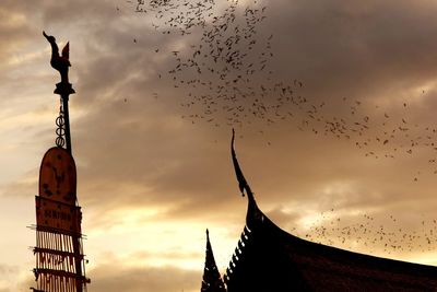 Birds flying against sky at sunset