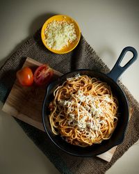 High angle view of food in bowl on table