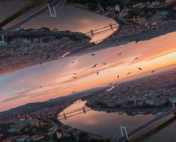 High angle view of cityscape during sunset