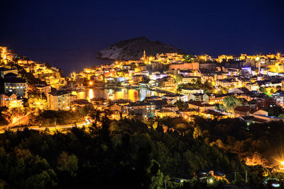 High angle view of townscape against sky at night