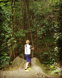 Rear view of man walking in forest