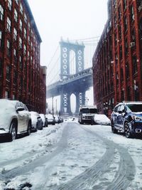 View of suspension bridge in winter