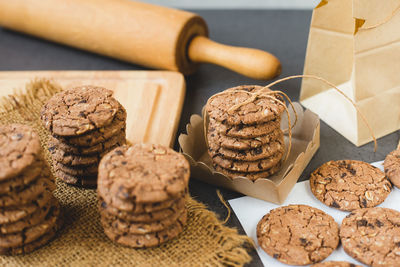 High angle view of cookies on table