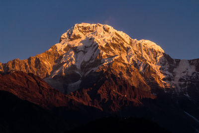 Scenic view of snowcapped mountains against clear sky