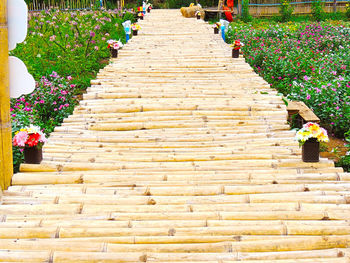 Wooden staircase by footpath