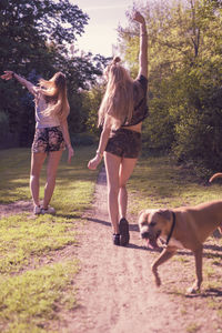 Rear view of woman with dog against plants