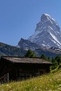 Scenic view of snowcapped mountains against clear sky
