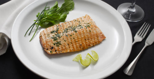 Close-up of seafood served in plate on table