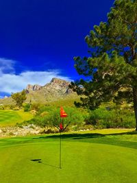 Scenic view of golf course against blue sky