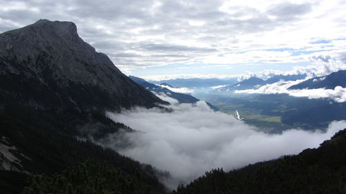 Scenic view of mountains against cloudy sky