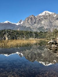 Scenic view of lake and snowcapped mountains against clear blue sky