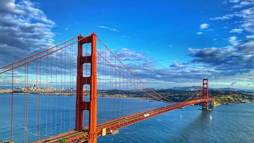 View of suspension bridge against cloudy sky