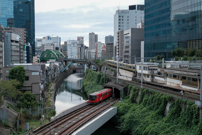 High angle view of buildings in city