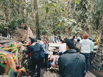 Rear view of people walking in forest