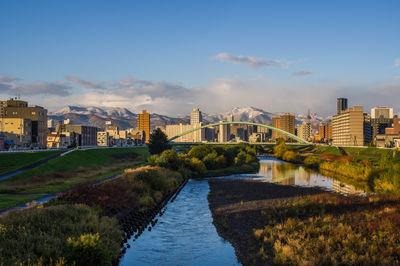 Buildings by river against sky