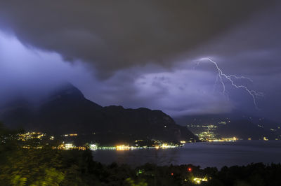 Lightning over illuminated cityscape against dramatic sky