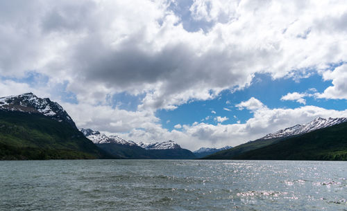 Scenic view of lake and mountains against sky