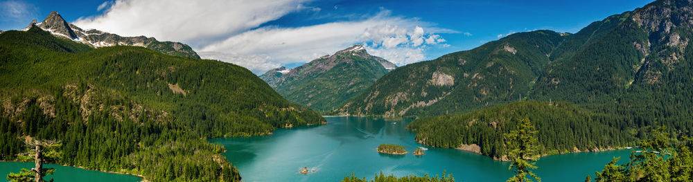 Scenic view of lake and mountains against sky