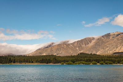 Scenic view of lake by mountains against sky