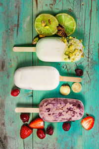 High angle view of fruits on cutting board