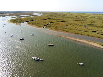 High angle view of boats in sea