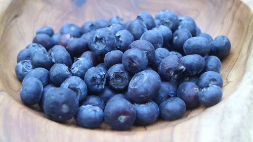 High angle view of blueberries in bowl on table