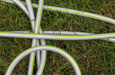High angle view of bicycle wheel on field