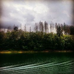 Scenic view of lake against cloudy sky