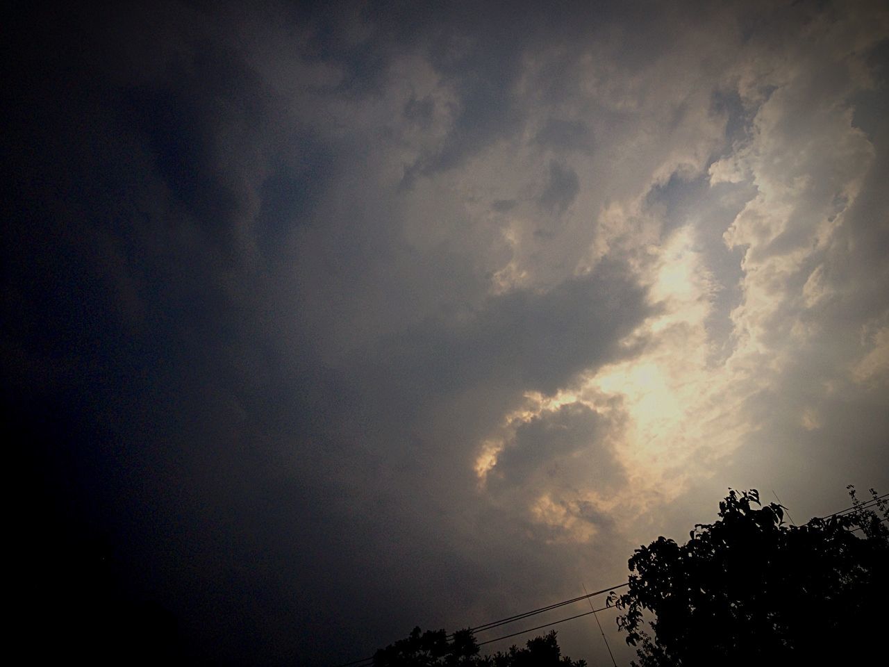 low angle view, silhouette, sky, tree, cloud - sky, sunset, beauty in nature, cloudy, nature, tranquility, dusk, scenics, high section, cloud, outdoors, tranquil scene, no people, overcast, weather, built structure