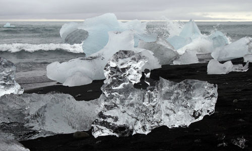 Close-up of ice crystals on sea shore