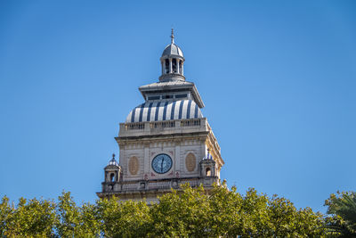 Low angle view of building against clear blue sky