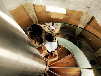 High angle view of people on staircase