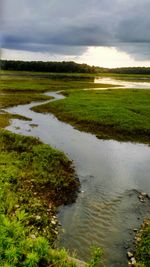 Scenic view of grassy field against cloudy sky