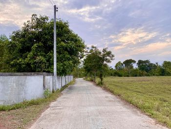 Footpath amidst trees on field against sky