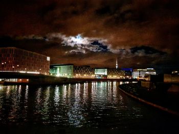 View of city lit up at night