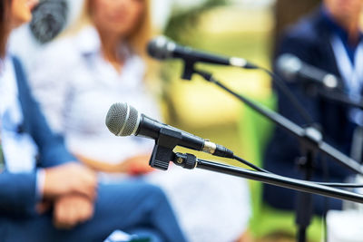 Round table event or business conference. close-up of microphone.