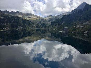 Scenic view of lake and mountains against sky