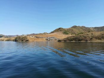 Scenic view of lake against clear blue sky