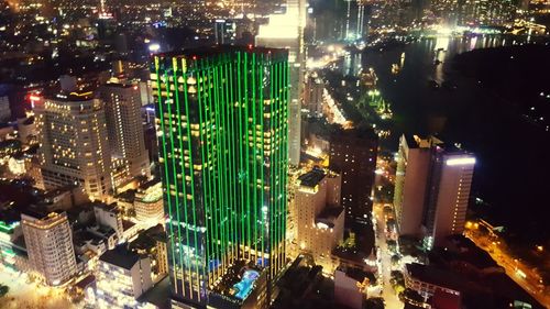 Aerial view of illuminated cityscape at night