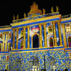 Low angle view of illuminated built structure