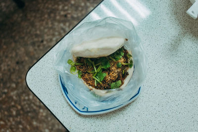 High angle view of food in plate on table