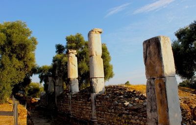 Old ruin amidst trees on field against sky