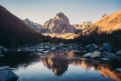 Scenic view of lake by snowcapped mountains against sky