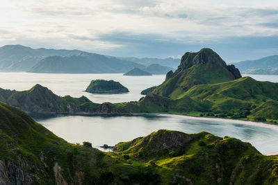 Scenic view of lake and mountains against sky