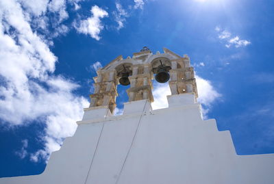 Low angle view of cross on building against sky