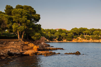 Scenic view of lake against clear sky